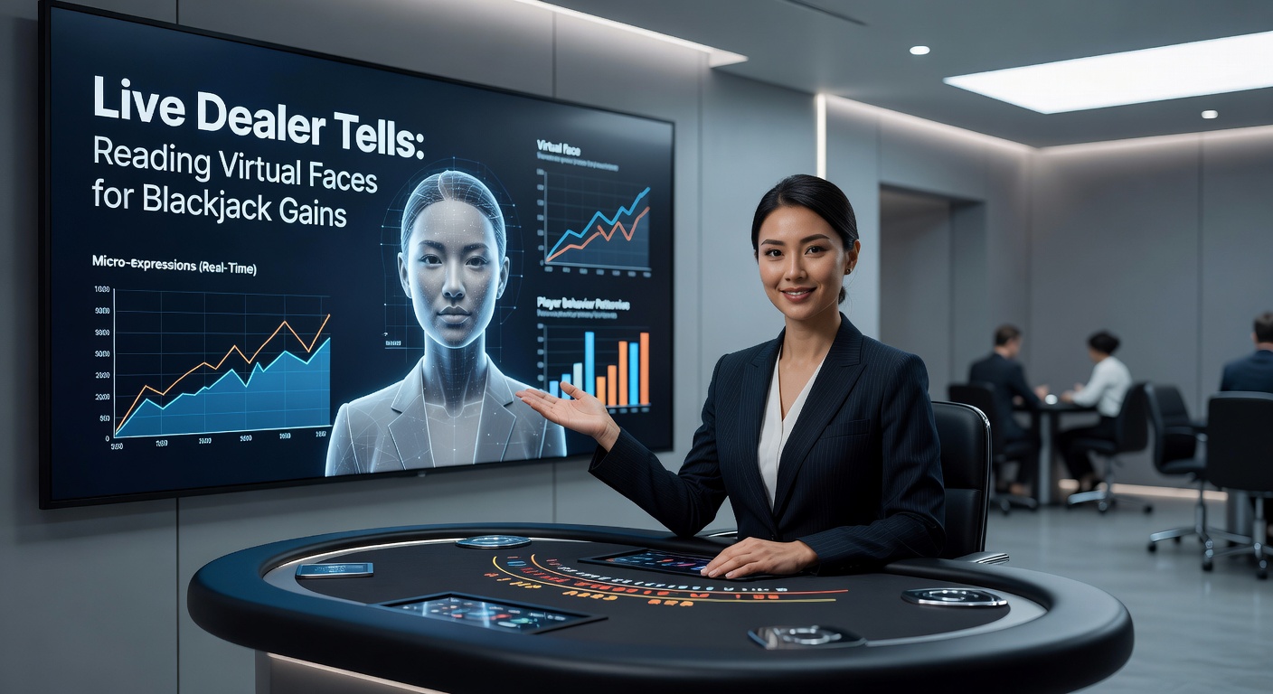 Live-Dealer am Blackjack-Tisch mit Kamera-Fokus auf Gesichtsausdrücke während einer Hand