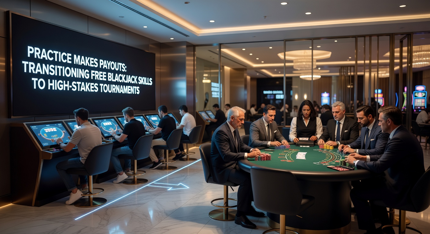 High-Stakes-Blackjack-Turnier mit jubelnden Spielern am finalen Tisch, Stapel von Chips im Vordergrund